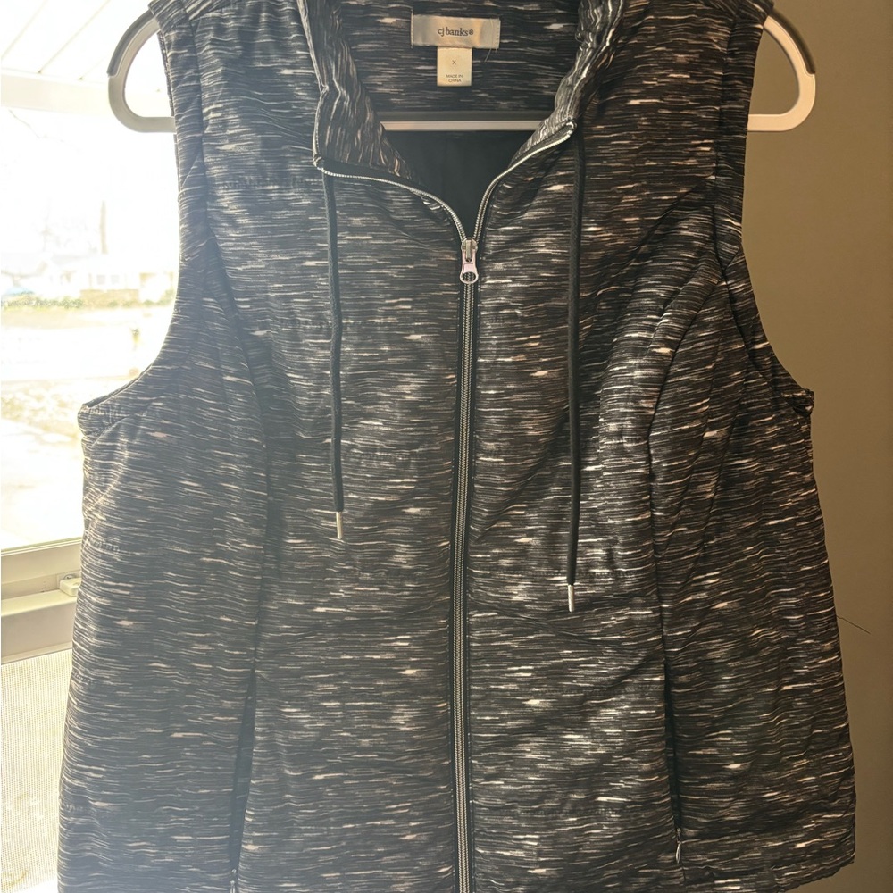 CJ Banks Black & Light Gray Striped Hooded Vest
